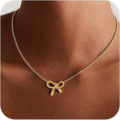 Gold Bow Necklace for Women - 14K Gold Plated Dainty Pendant, Tarnish Resistant Charm Necklace, Gift for Her