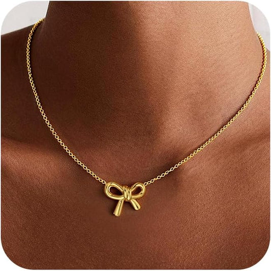 Gold Bow Necklace for Women - 14K Gold Plated Dainty Pendant, Tarnish Resistant Charm Necklace, Gift for Her