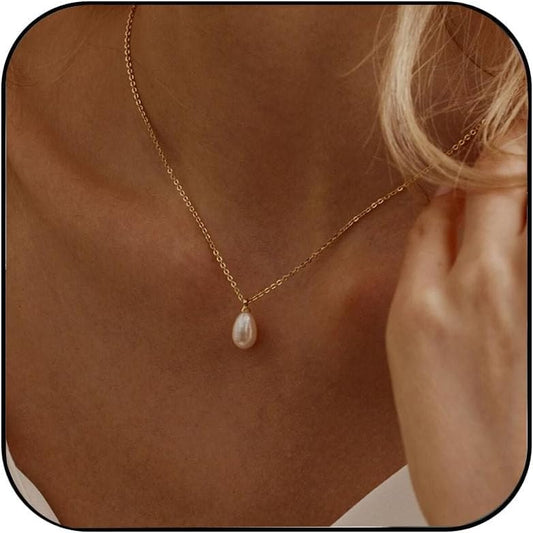 Dainty Pearl Necklace for Women | 14K Gold Plated Beaded Choker | Trendy Lariat Drop Necklace | Elegant Waterproof Jewelry Gift