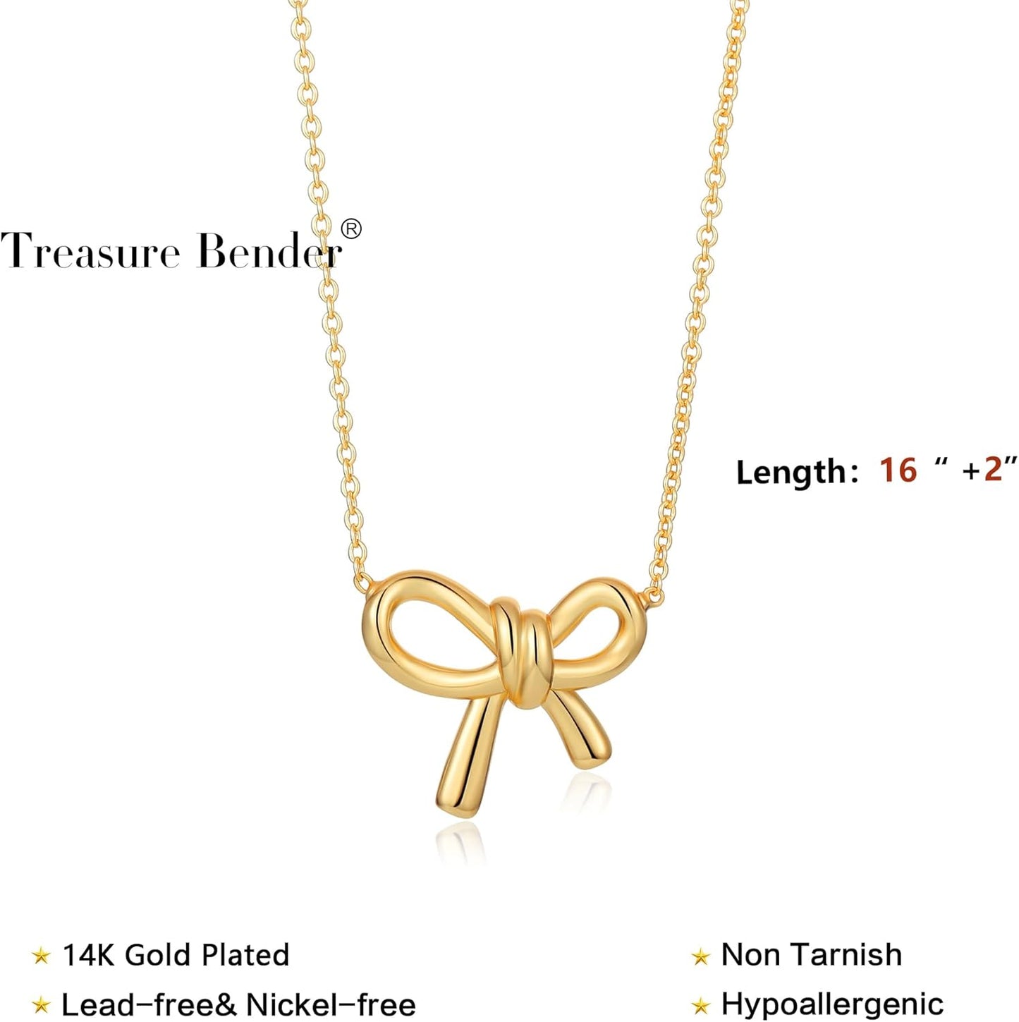 Gold Bow Necklace for Women - 14K Gold Plated Dainty Pendant, Tarnish Resistant Charm Necklace, Gift for Her