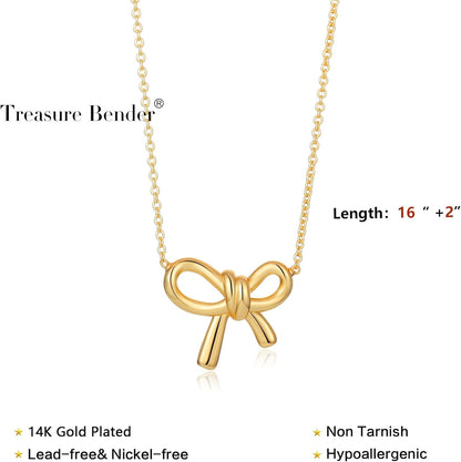 Gold Bow Necklace for Women - 14K Gold Plated Dainty Pendant, Tarnish Resistant Charm Necklace, Gift for Her