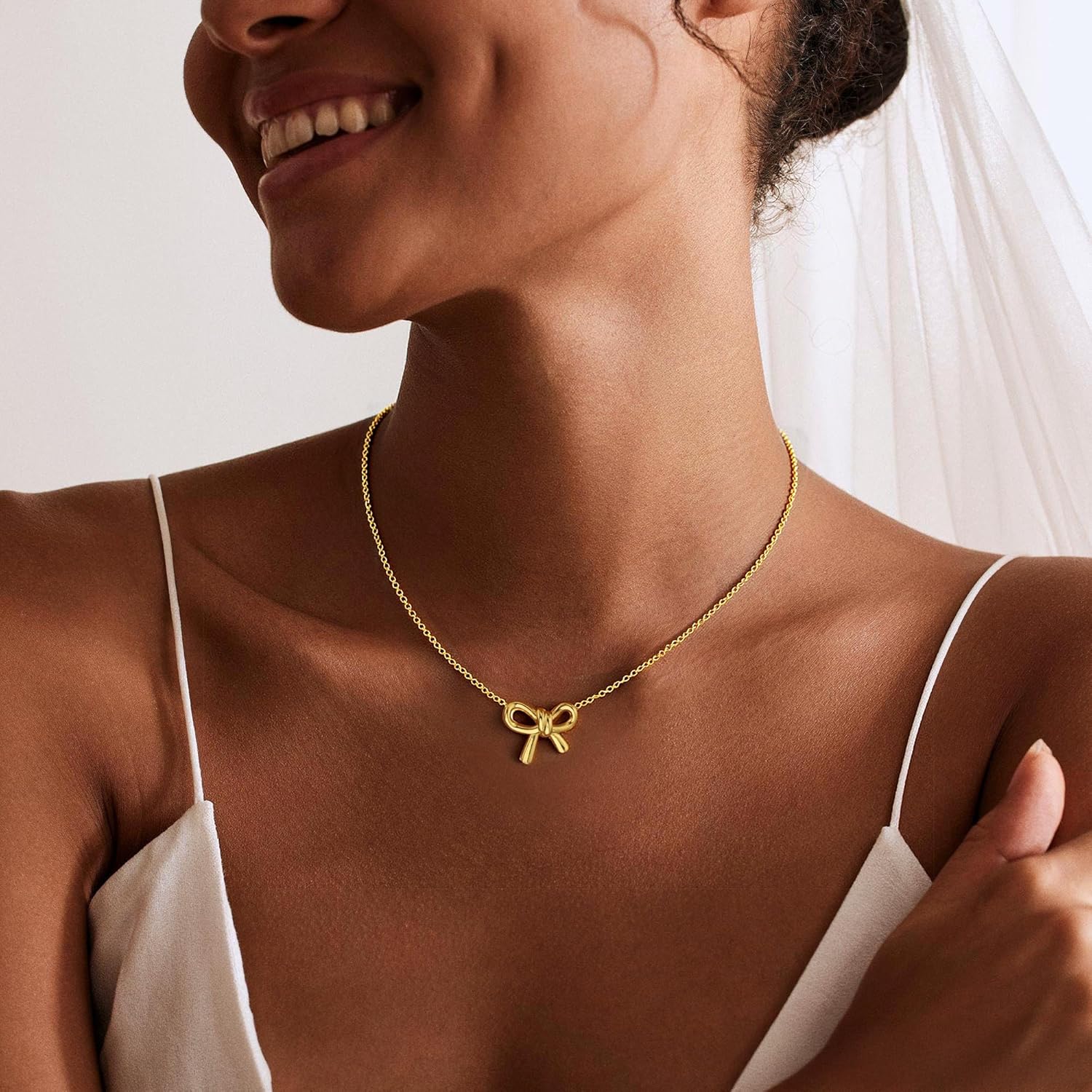 Gold Bow Necklace for Women - 14K Gold Plated Dainty Pendant, Tarnish Resistant Charm Necklace, Gift for Her